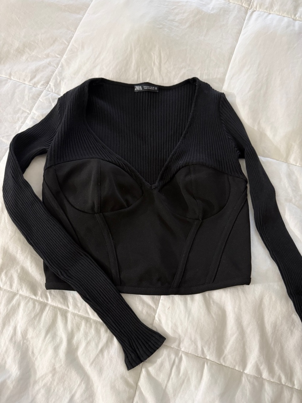 Zara Black Long-Sleeve Bustier V-Neck Top